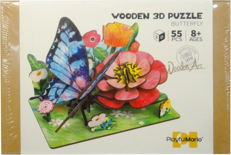 Puzzle 3D de madera DIY – pradera con mariposa y flores