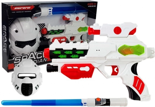 Set cósmico con espada luminosa, pistola y máscara