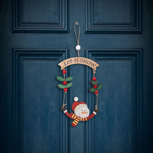 Decoración navideña de madera con forma de muñeco de nieve, 13 × 17 cm
