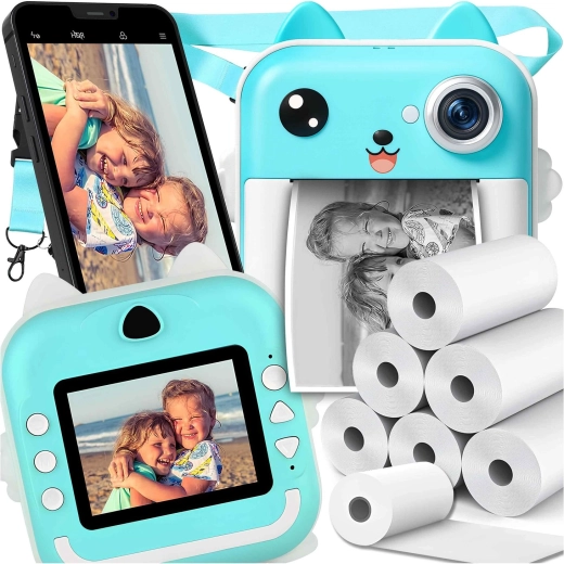 Cámara infantil con impresión térmica instantánea y 6 rollos de papel – azul