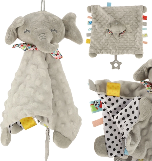 Juguete sensorial elefante crujiente con etiquetas de colores