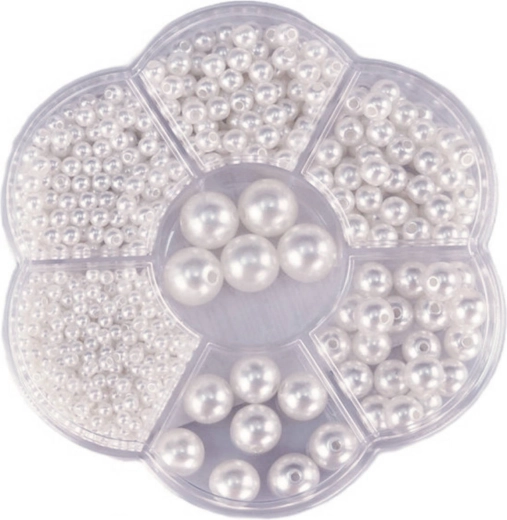 Cuentas para ensartar metálicas blancas en caja 1150 uds (3–12 mm)