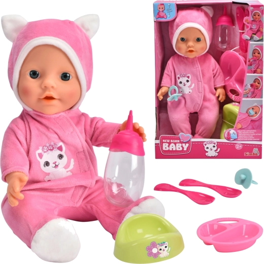 Muñeca Simba New Born Baby, adorable bebé con pijama y accesorios, 30 cm
