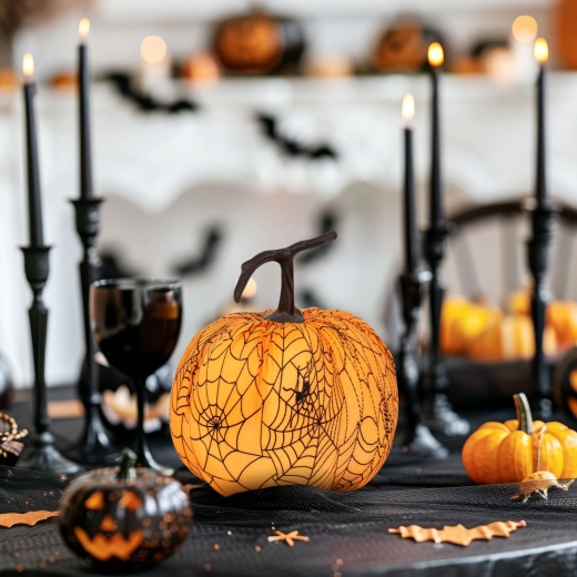 Calabaza decorativa de Halloween con telaraña, 16,5 cm