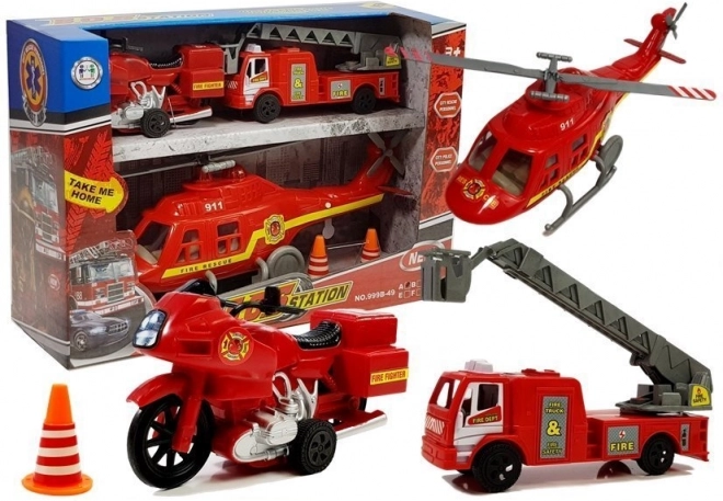 Set de vehículos de bomberos con helicóptero, camión de bomberos y motocicleta con luces y sonidos