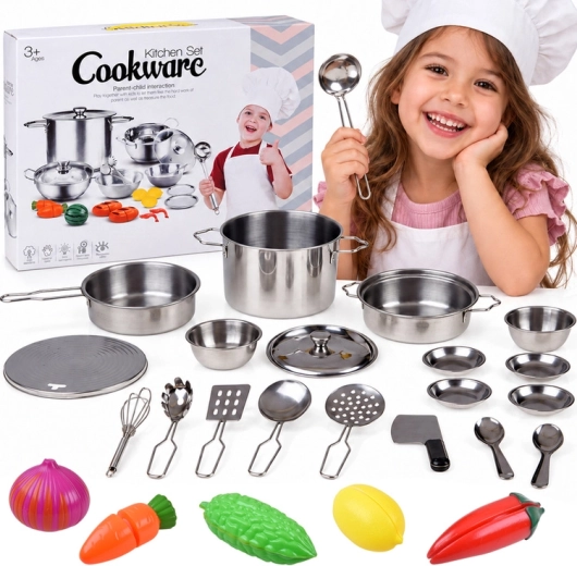 Set de cocina metálico infantil con utensilios y verduras para cortar