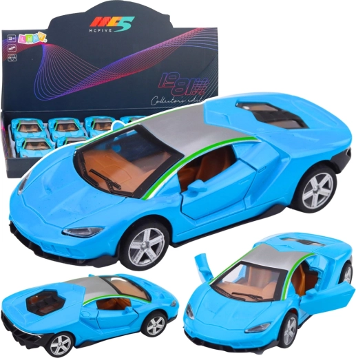 Coche deportivo metálico 1:32 con propulsión por retroceso, luces y sonidos – azul