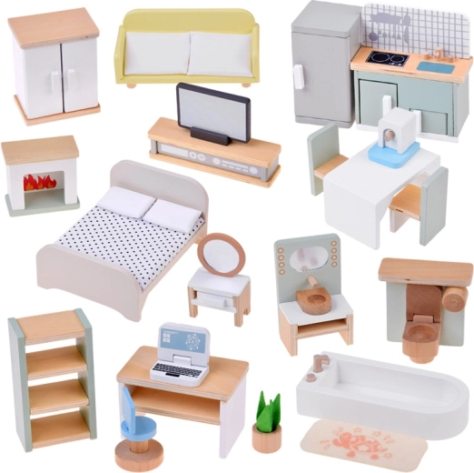 Muebles de madera para casita de muñecas – 28 piezas (cocina, sala de estar, dormitorio, baño, despacho)