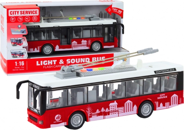 Trolebús con luces y sonidos 1:16, blanco‑rojo