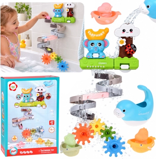 Pista de agua para el baño con elefantito y foca, 42 piezas