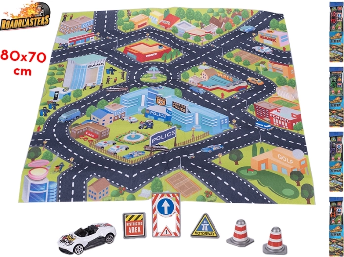 Alfombra de tráfico Roadblasters 80 × 70 cm con coche y señales