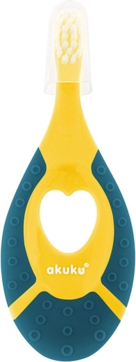 Akuku primer cepillo de dientes con mordedor de silicona verde-amarillo