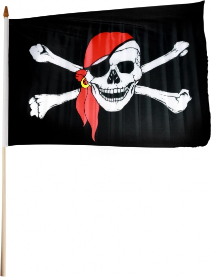 Bandera pirata 47 × 30 cm en asta de madera