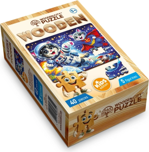 Puzzle de madera Wooden City Supergatos en el espacio, 40 piezas