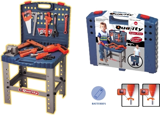Mesa de taller infantil en maletín con herramientas y taladro eléctrico