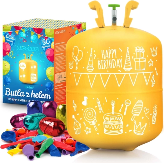 Botella de helio desechable 0,42 m³ con 50 globos y cinta RICOKIDS