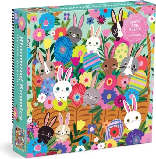 Puzzle con detalles de foil Mudpuppy Conejitos entre flores (500 piezas)
