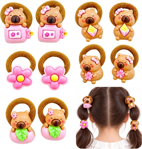 Gomas para el pelo con capibara y elementos rosas - set de 10 uds