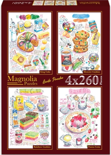 Puzzle Magnolia: bizcocho tipo bundt, galletas de monstruos, galletas arcoíris y panna cotta 4×260 piezas