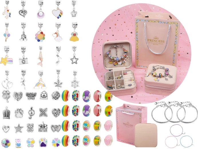 Kit para hacer joyas y pulseras con colgantes (charms) y cuentas, mezcla arcoíris con estuche