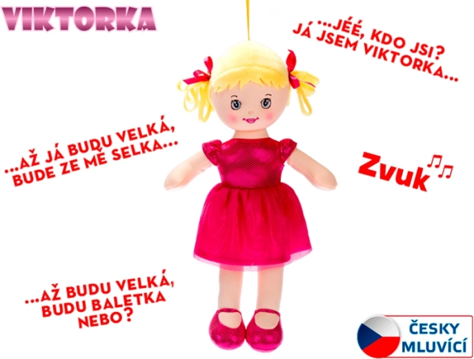 Muñeca de trapo Viktorka 32 cm, habla y canta, rosa oscuro