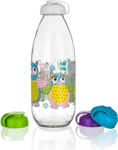Botella de leche de 1 l con tapa – motivo Búhos, vidrio
