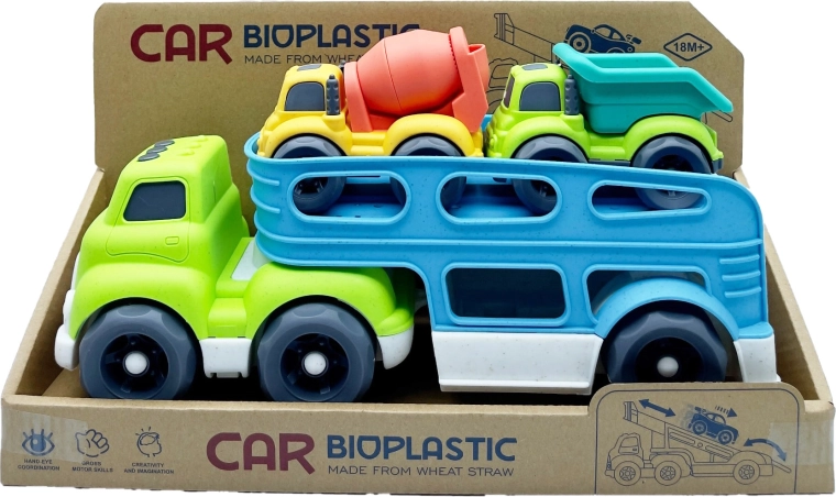 Camión transportador de bioplástico con 2 cochecitos (hormigonera y volquete) 37 cm