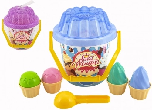 Set de plástico para arena Sweet Muffin con cubo, pala y moldes de helado