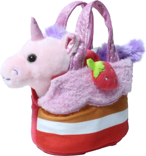 Unicornio rosa de peluche en bolso de fresa