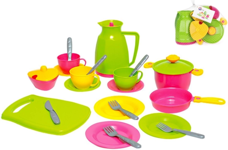 Juego infantil de vajilla de 24 piezas en bolsa de red – juguete de té y cocina