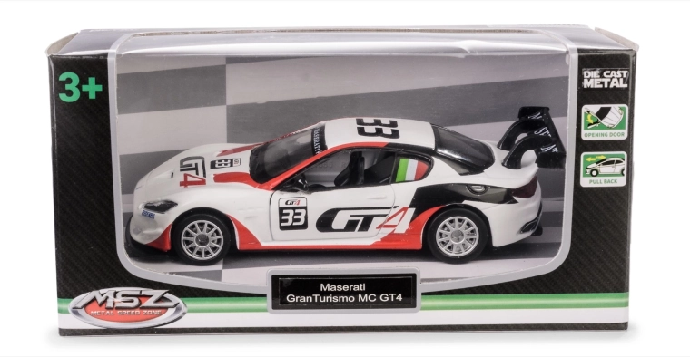 Modelo de coche Maserati GranTurismo MC GT4 1:43 con tracción pull-back