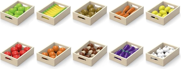 Frutas y verduras de madera en cajas Viga