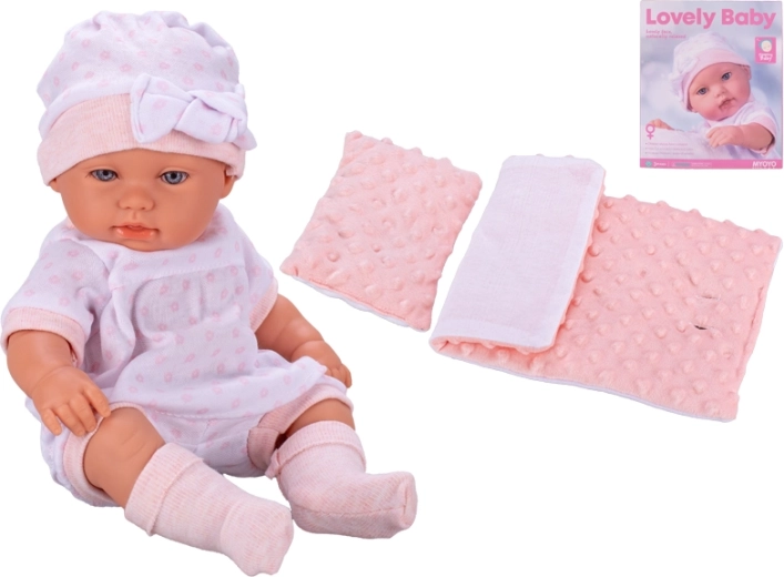 Muñeca bebé con cuerpo rígido 33 cm – rosa, con mantitas