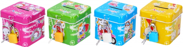 Hucha de lata con candado, forma de cubo 6,5 × 6 cm, varios colores