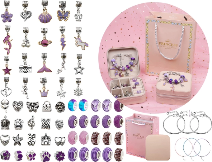 Set para hacer pulseras y joyas con cuentas y colgantes en tonos morados con estuche