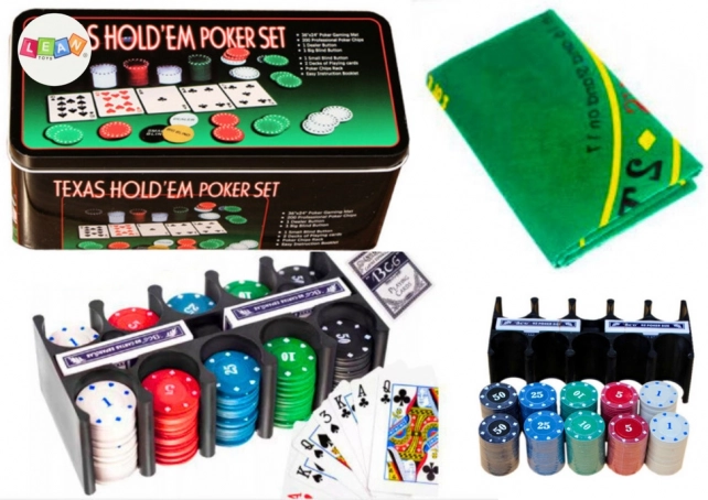 Set de póker con 2 barajas de cartas, fichas y tapete de juego