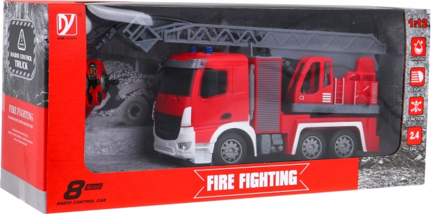 Coche de bomberos RC 1:12 con manguera de agua y funciones interactivas para niños 3+
