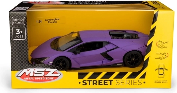 MSZ Lamborghini Revuelto modelo de coche metálico morado a escala 1:24