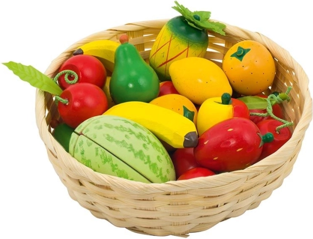 Fruta de madera en cesta – juego de 23 piezas