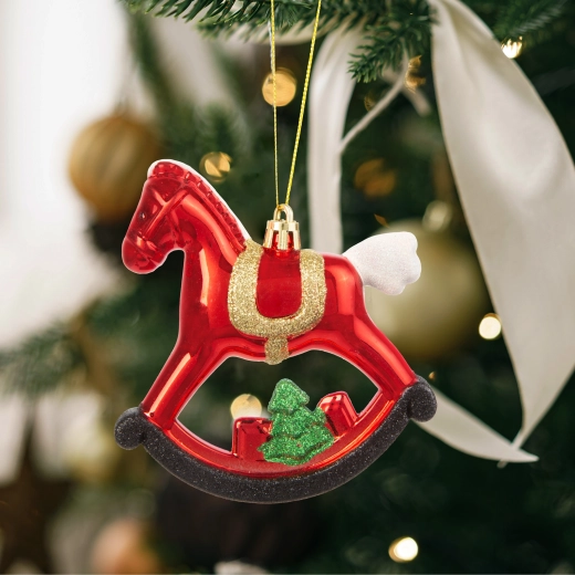 Adorno navideño brillante con forma de caballo balancín