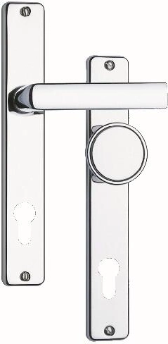 Herraje de puerta: manilla con escudo y pomo 804, distancia 90 mm, inoxidable