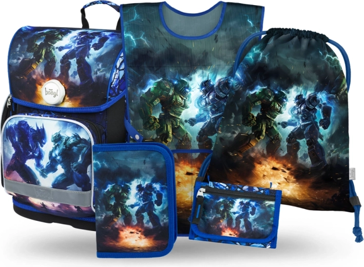 Set escolar 5 en 1 Baagl Robots – mochila rígida, estuche, bolsa, delantal y monedero