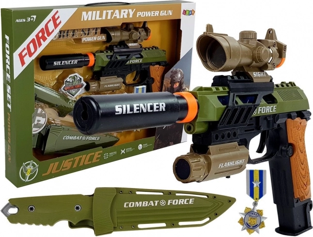 Set de juguete militar con pistola, cuchillo y medalla con luces y sonidos