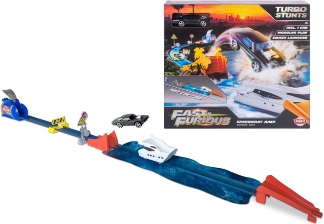 Pista de carreras acrobáticas Fast & Furious Speedboat Jump con coche Dodge Charger 1970