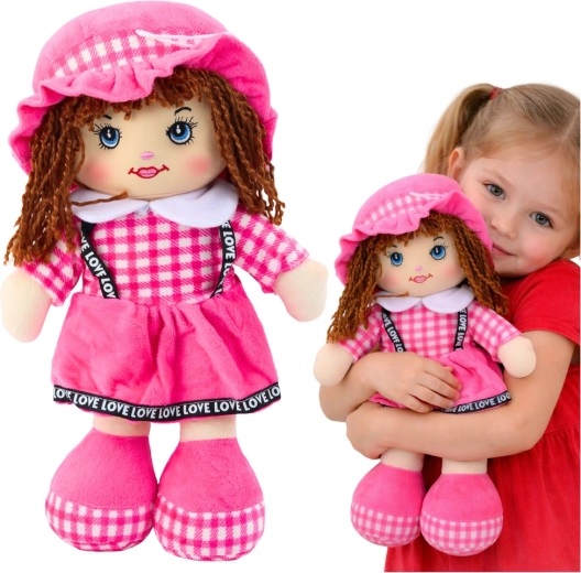 Muñeca de tela rosa con vestido a cuadros 35 cm