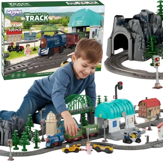 Circuito de tren eléctrico Woopie XXL con locomotora y ciudad, 108 piezas