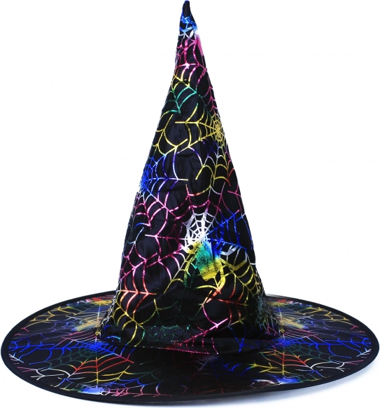 Sombrero de bruja negro con telarañas de colores para adultos
