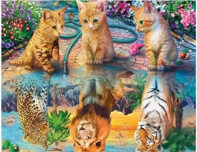 Bordado de diamantes (diamond painting) reflejo en espejo – leopardo, león y tigre 40 × 30 cm