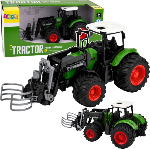 Tractor agrícola con cargador frontal y pinzas para pacas 1:24, verde