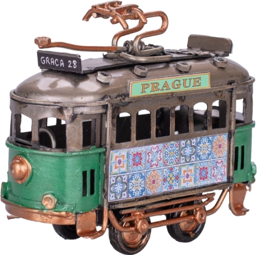 Modelo metálico de tranvía Prague 9 cm – tranvía decorativo verde con rueda libre